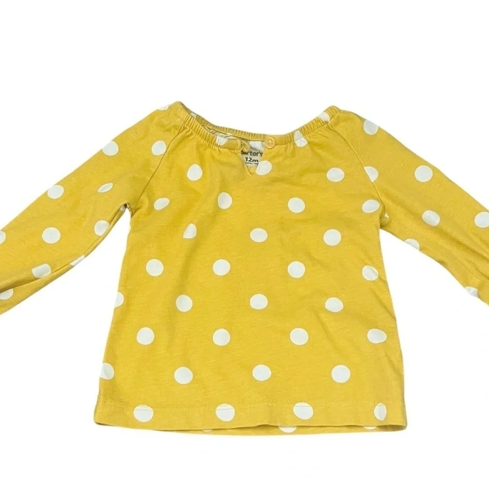 Carter's Yellow Polka Dot Long Sleeve Shirt ruched neck line cotton button 12 Mo